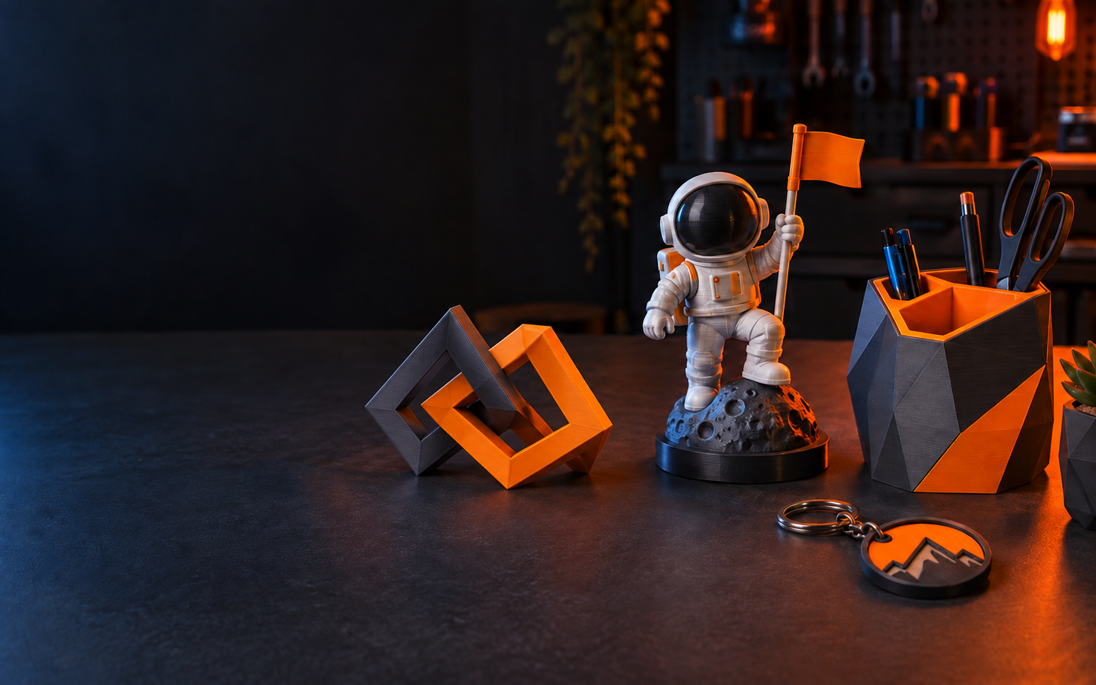 Objetos personalizados produzidos em impressão 3D, incluindo troféu de astronauta e organizador